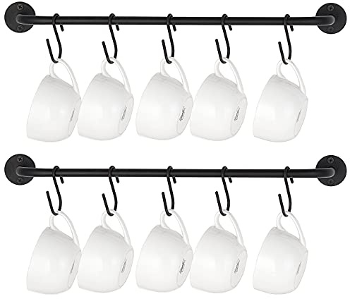 Mkono Wandmontiertes Tassenregal mit 10 Haken für Kaffeebecher, 2er-Set | Küchenstange, platzsparend, Wand- und Unterschrankmontage, metallener Organizer für Küche, Esszimmer und Bar, multifunktional