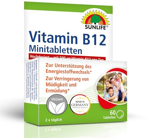 SUNLIFE Vitamin B12 500µg hochdosiert I 60 Mini-Tabletten vegan I Vit B12 Komplex mit B1 B2 B6 & L-Glutamin I Für Energie & Nervensystem I Laborgeprüft & Ohne Zusätze I Made in Germany