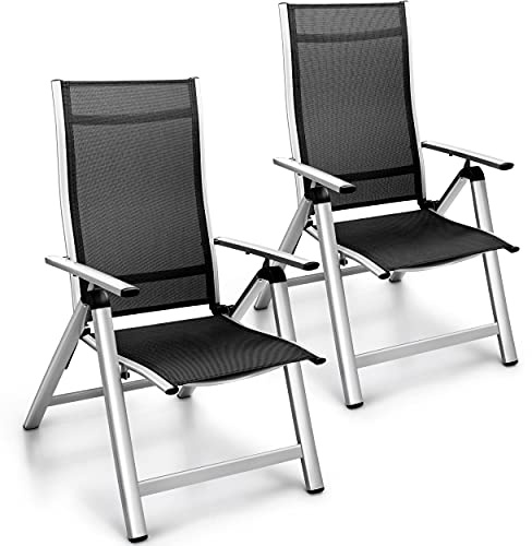 tillvex® Gartenstuhl Hochlehner 2er Set klappbar mit Armlehnen Wetterfest | Klappstuhl 7-fach Verstellbar | Campingstuhl Klappbar & Atmungsaktiv | Gartenstühle Balkon Terrasse Aluminium