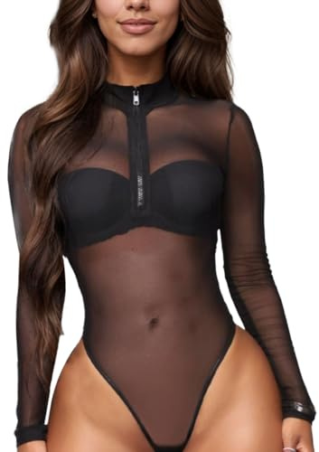 EMOTTOS Frauen Sexy Durchsichtiger Spitzenbody, Blumen Gedruckt Lange Ärmel Jumpsuit, Rundhalsausschnitt Trikot Einteilige Clubwear für Club Party, Schwarz, S-L