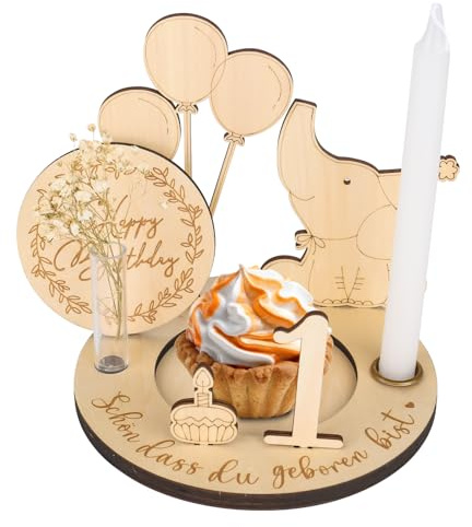 Geburtstagsteller Holz, Geburtstagszug DIY Geburtstagsdeko | Kerzenhalter, Kunststoffröhren-Vase und Jahreszahlen 0–9 für Personalisierter Geburtstagsteller als Geburtstagsdeko
