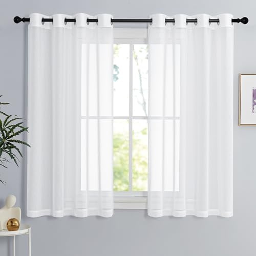 PONY DANCE Voile Gardinen Kurz Schlafzimmer Vorhang Weiß Transparent Ösen | H145 x B140 cm,2er Set,Vorhang Durchsichtig für Badezimmer/Küche,Sheer Curtains Living Room,Sanfte Lichtfilterung,Luftig