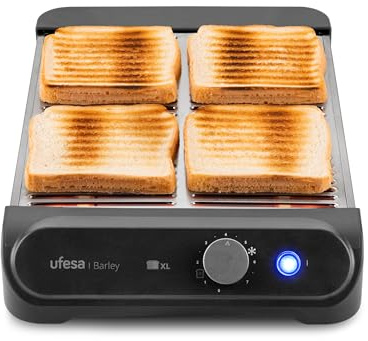 Ufesa Flacher Toaster Barley, 900W mit 3 Quarz-Heizelementen, Horizontaler Edelstahl-Toaster, XL-Größe für 4 Scheiben, 7 Stufen, Aufwärmen und Auftauen, Krümelschublade, Gebäck