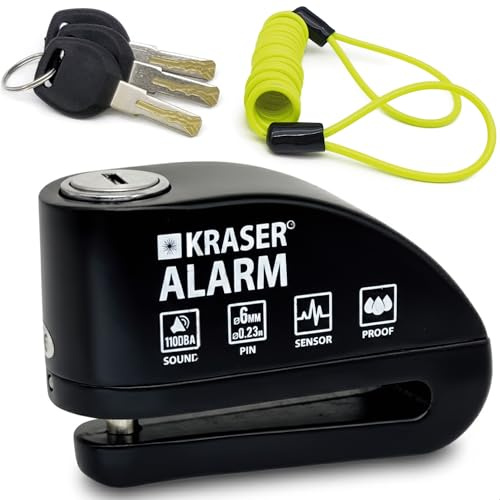KRASER 6Y Bremsscheibenschloss mit Alarm 110 dB, Verstärkt, 3 Schlüssel (2 Ersatz) Hochsicherheits Motorrad Schloss, Wasserdicht,1.5m Rückrufkabel, Tasche, Universal Motorradschloss, Fahrradschloss
