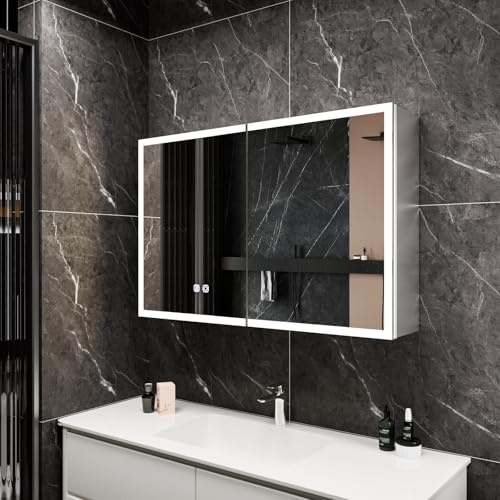 Gunuss Spiegelschrank Bad mit Beleuchtung 80x60cm | LED Badspiegel mit Ablage, Steckdose, Antibeschlag, Touch-Schalter – Wandmontage für modernes Badezimmer