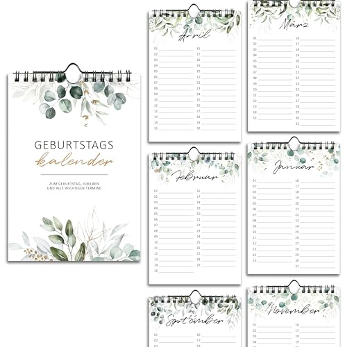 BIROYAL 12 Monate Geburtstagskalender jahresunabhängig für Frauen | ​14×21cm Geburtstagskalender immerwährend | Dauerkalender ohne Jahr | Geburtstagen Wandkalender Eukalyptus | Geburtstagsgeschenk