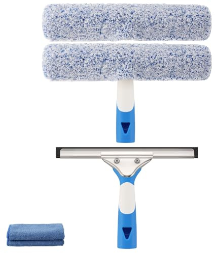 Mitclear Fensterreiniger Set(25cm), Silikon-Fensterabzieher + Mikrofaser-Fensterwischer, 2-in-1 Fensterputzer, Professionelles Fensterreinigungsset für Bad, Dusche, Fenster, Glas, Spiegel, Auto
