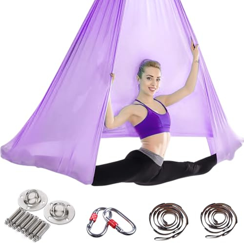 Cioquli Aerial Yoga Hängematte Set, 5m x 2,8m Aerial Yogatuch Anti-Gravity YogaSwing, Aerial Yoga Hammock Swing 200 kg Tragfähigkeit, Nylon Tuch Nestschaukel mit Beschläge(Lila)