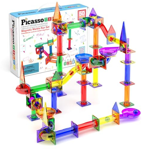 PicassoTiles Murmelbahn 50-teilige Magnetfliesen-Rennbahn Spielzeug-Set, Bauen & Lernen, pädagogische Magnetkonstruktion, Kinder-Gehirn-Entwicklungs-Kit | Jungen Mädchen Alter 3 4 5 6 7 8+ Jahre alt