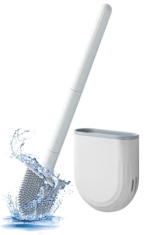 TOUSEEDA Klobürste Silikon, WC Bürste Silikon und Behälter, Wandmontage Tiefenreinigung Langer Stiel Klobürste und Schnell Trocknendem Haltersatz, Toilettenbürste für Badezimmer oder Gäste-WC (Weiß)