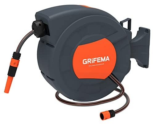 GRIFEMA G301-15, Schlauchtrommel zur Wandmontage, Schlauchbox mit 15m Schlauch, Wandschlauch-Aufroller mit 180° Drehung, Automatische Aufrollung mit verstellbarer Düse
