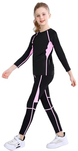 linboo Mädchen Sportanzug 2tlg Yoga Anzug mit Langen Ärmeln und Hosen, Elastisch, Outdoor eng anliegende Tanz- und Fitnessbekleidung für Kinder, Rosa, Herstellergröße：140 Geeignete 140