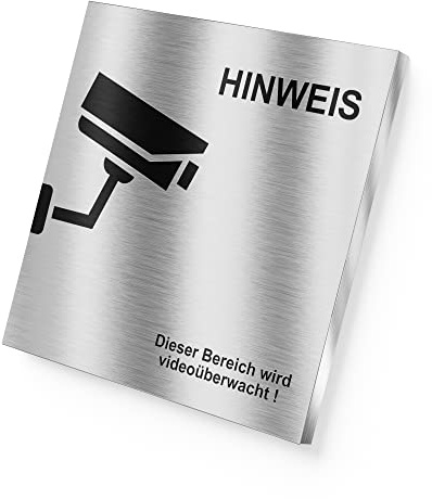 Graviers Hinweisschild aus rostfreiem Edelstahl mit Gravur in Edelstahl - Dieser Bereich wird videoüberwacht Warnschild für Videoüberwachung Kameraüberwachung - selbstklebend oder Bohrlöcher