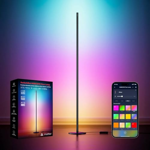 SwitchBot Matter RGBICWW Stehlampe Wohnzimmer, Warm- & Kaltweiß, Floor Lamp Dimmbar mit Apple Home, Alexa, Google Home, APP-Steuerung, Musikmodi, Szenenmodi, LED Stehlampe Schwarz für Schlafzimmer
