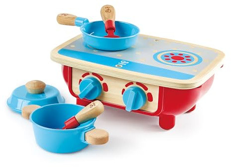 Hape Küchenset Herd – Holz-Kinderherd mit Topf, Pfanne und Küchenzubehör, Rollenspiel-Kochset, realistisches Spielzeug Kochherd, für Kinder ab 18 Monaten