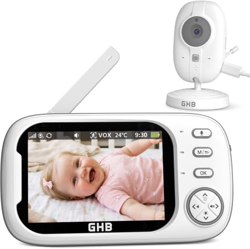GHB Babyphone mit Kamera Video Babyphone 3,5 Zoll LCD | 2000mAh Akku, VOX-Modus, 8 Schlaflieder, Infrarot-Nachtsicht, Bis zu 2 Kamera, Echt-Gegensprechfunktion, Temperatursensor