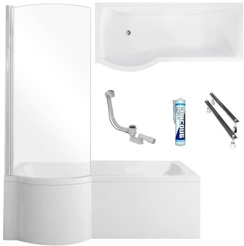 ECOLAM Duschbadewanne Inspiro 150x70 cm + Schürze LINKS I Set Badewanne + Badewannenabtrennung I Duschwand Eckbadewanne Ablaufgarnitur Füße Silikon Acryl weiß