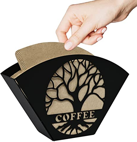 Stylischer Kaffeefilterhalter mit einem eisernen Fächer, der die Filter gleichmäßig verteilt, Kaffeefilterhalter mit Baum des Lebens-Dekor, um Ihr Kaffeeerlebnis zu verbessern (schwarz)