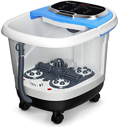 COSTWAY Fußbad mit Massagefunktion & Duschfunktion, 500W Elektrische Fußbadewanne mit Heizung, Max. 48°C, 10-60 Min Timer, Shiatsu- & Rollenmassage, Fußbad Massagegerät auf Rollen (Blau)