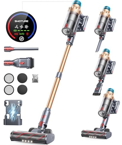 SMOTURE Akku-Staubsauger 50000Pa/600W/65Min, kabellos, selbststehend und selbstlade, mit Automatikmodus & Anti-Verhedderung für Tierhaare, Teppich & Hartboden