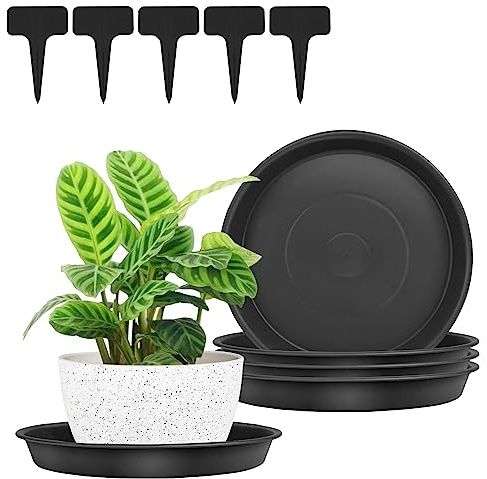 RZMZBY 5 Stück Blumentopf-Untersetzer, Pflanzkübel-Untersetzer, Kunststoff Blumenuntersetzer für Innen- und Außenpflanzen, 5 mit Pflanzenetiketten (24,5cm, Schwarz)