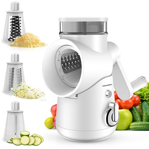 KitchenBoss Gemüseschneider Manuell,Mandoline Gemüsehobel:Käsereibe,Trommelreibe 3 in 1,Geeignet für viele Arten von Gemüse und Obst,Enthält 3 Arten von Klingen aus rostfreiem Stahl,mit Kurbel,Weiß