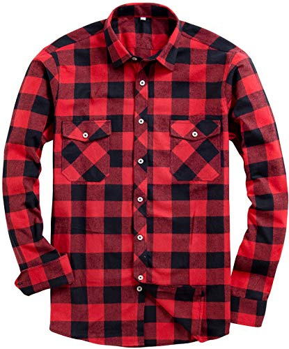 siliteelon Hemd Herren Kariertes Flanellhemd Langarm Baumwolle Arbeitshemd Warm Holzfällerhemd Regular fit Winter Karohemd mit Brusttasche rot-schwarz M