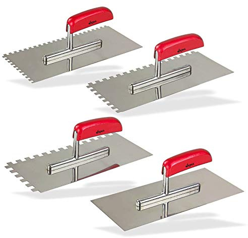 Glättkellen Set 4 Stück, 280 x 130 mm, unterschiedlich gezahnt, ungezahnt, aus Edelstahl, mit Holzgriff