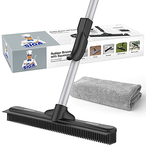 MR.SIGA Gummibesen zur Entfernung von Tierhaaren mit integriertem Abzieher, 3-in-1-Bodenbürste für Teppiche, 155 cm Langer Verstellbarer Stiel, inklusive 1 Mikrofasertuch zum Staubwischen