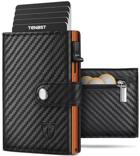 TENBST Geldbörse Herren mit Münzfach & RFID Schutz, Slim Wallet Kartenetui Klein, Portmonee Geldbeutel Herren, 10 Fächer für Kreditkarten Kreditkartenetui, Geschenke zum Vatertag - Schwarz & Orange