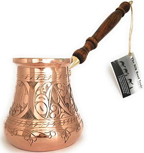 The Silk Road Trade - PC-Serie (XXL) – dickster massiver Kupfer-gravierter und gehämmerter türkisch-griechisch-arabischer Kaffeekanne mit Holzgriff, strapazierfähig, Cezve, Ibrik (828 ml)