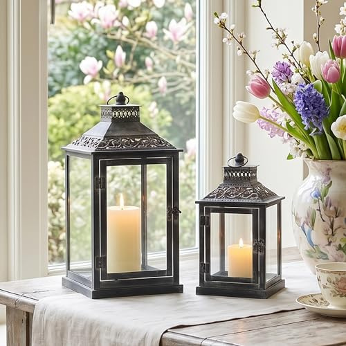 JHY DESIGN Deko Metall Hängend Laternen, Windlicht Set mit 2 Kerzen Laterne Kerzenständer Gartenlaternen für Draußen Innen Outdoor Party Garten Balkon Hochzeit Grab Wohnzimmer(Schwarzem Grauem Pinsel)