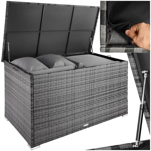tectake® Aluminium Polyrattan Aufbewahrungsbox mit Deckel, 750L, Gartenkiste wetterfest, Gartenbox mit Gasdruckfedern, Garten Auflagenbox, UV-beständig, rostfrei, Stauraum, 145x82,5x79,5 cm - grau