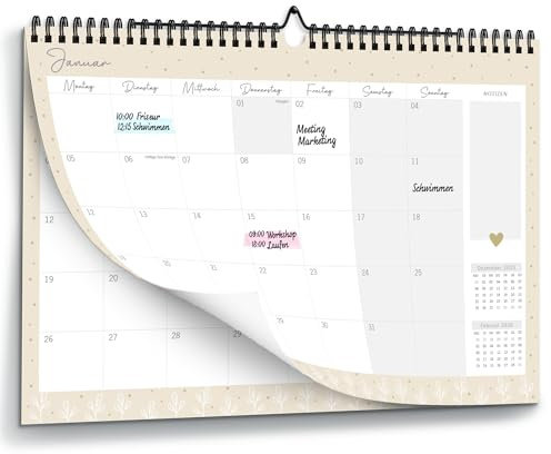 Kalender 2026 Wandkalender I Monatskalender A4 mit Kästchen I A4 Querformat I Geeignet für Paare, Singles oder Familien I Beige I Perfekt als Familienplaner, Monatsplaner für Zuhause oder Büro...
