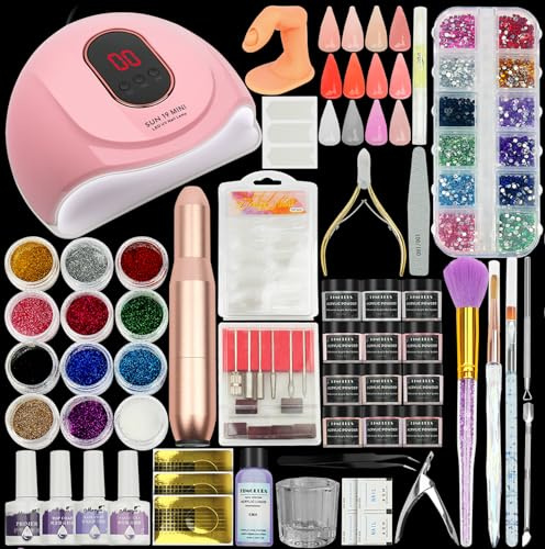Kimglurs Acryl-Nagel-Set mit Nagelbohrgerät, 12 Farben Acrylpulver, Acrylic Powder Kit Acrylflüssigkeit UV/LED-Nagellampe, Top Coat, Base Coat, Nagelprimer (Rot)