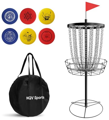 NQV Disc-Golfkorb, strapazierfähig, 24 Ketten, tragbares Ziel mit 6 Discgolfscheiben und Transporttasche, Schwarz