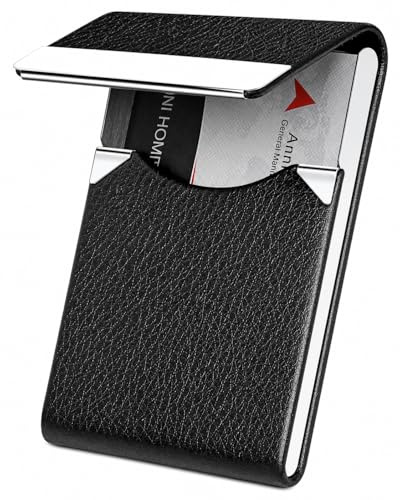 DMFLY Business Card Holder Case - PU Leather Business Card Case Name Card Holder Slim Metal Pocket Card Holder with Magnetic Shut, Black