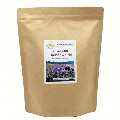 Gärtner's erste Wahl! Bobby-Seeds Phacelia Samen Bienenfreund/Büschelschön 2,5 kg für ca. 250 m², Gründüngung & Bienenweide Saatgut ohne Gentechnik, einjährig
