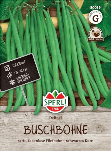 Sperli Buschbohnensamen Delinel 80039 - zarte, fadenlose Filetbohne, schwarzes Korn - Fruchtlänge 15-20 cm - Inhalt für 5-7 Meter - Gemüsesamen, Gemüsepflanzen, Saatgut