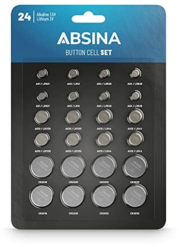 ABSINA 24er Pack Alkaline & Lithium Knopfzellen - 2X AG1 LR621, AG3 LR41, CR2016, CR2025 / 4X AG4 LR66, AG10 LR1130, AG13 LR44, CR2032-1,5V & 3V Knopfzelle Sortiment auslaufsicher - Knopfbatterien