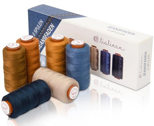 Lialina Jeansgarn für Nähmaschine [6 x 150m] - Nähte wie im Original - Jeans Nähgarn Set extra stark Nr. 36 - Jeansfaden für Nähmaschine - 100% Polyester