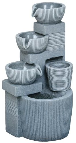 Outsunny Springbrunnen aus Kunstharz Outdoor Gartenbrunnen mit LED Beleuchtung 4 Stufen Steinoptik Pumpe Dekorationsbecken Zimmerbrunnen Zierbrunnen für Garten Rasen 31x27x57 cm Grau