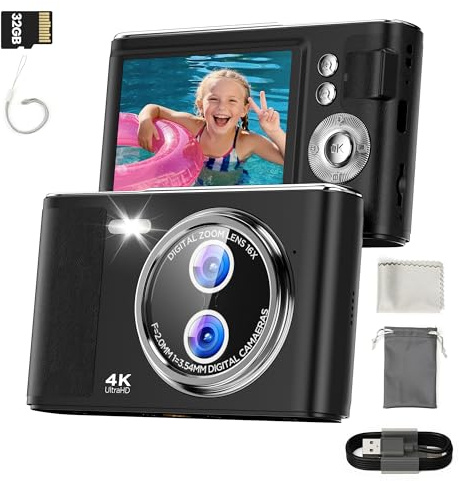 32GB Digitalkamera Kinder Fotokamera: 48MP Anti-Shake Kinderkamera Foto mit 2,8 Zoll 4K-Bildschirm, Vlogging Fotoapparat für YouTube 16X Digital Zoom Kompaktkamera für Fotografie