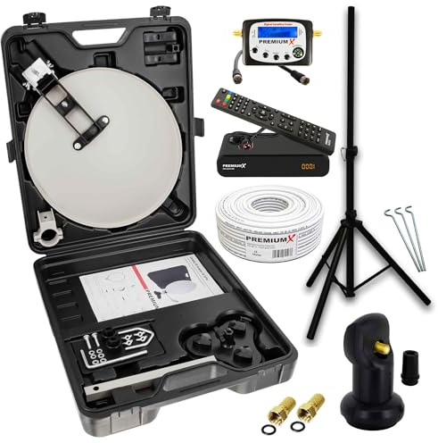 PremiumX mobile Camping SAT-Anlage SAT-Schüssel TV Receiver | Satelliten-Finder Single LNB 10m Kabel Koffer Camp Stativ