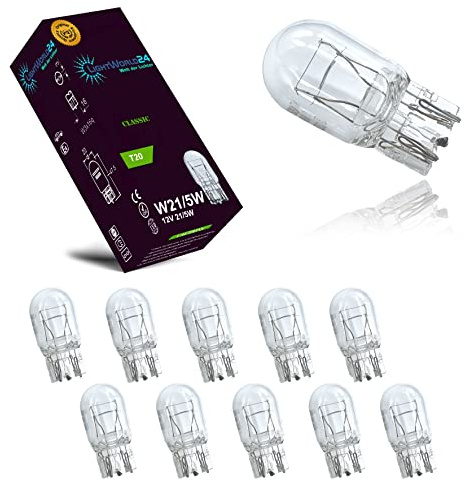 LIGHTWORLD24 T20 W21/5W 12V Auto-Lampen, 10 Stück | W3x16q, Glassockellampen, Ersatz Halogen Birne, Für Bremslicht Tagfahrlicht Hecklicht Parklicht, E-geprüft