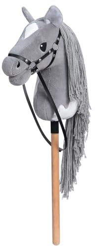 BEJOY Steckenpferd Spielzeug Pferd | Plüschpferd zum Reiten Grau-Weiß | Holzpferd Hobby Horse für Kinder mit Halfter und Trense