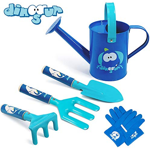 Colwelt Kinder-Garten-Set, 5-teilig, niedliche Metall-Gartengeräte für Kinder, inklusive Metall-Gießkanne, Kelle mit Holzgriff, Gabel, Rechen, Handschuhe, Kinder-Gartengeräte (Blau)