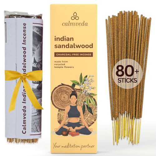 Indien Sandelholz Räucherstäbchen Bio qualität - (80 weihrauch stäbchen) Holzkohlefreies Räucherwerk aus Upcycled-Blumen |weihrauch zum räuchern, Sandalwood süß-holziger Meditations-Räucherstäbchen
