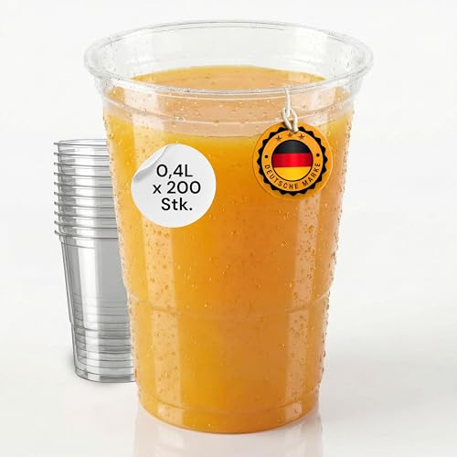 LogiPack GeRo 200 Stück Trinkbecher | Eichstrich 0,4l | Bierbecher Plastikbecher Einwegbecher aus Kunststoff PP (Polypropylen), Transparent klar | Ausschankbecher