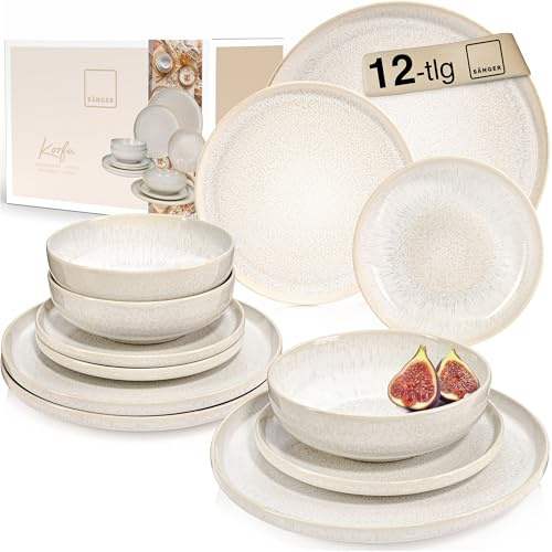 SÄNGER | Geschirrset Korfu 12 tlg für 4 Personen, Steingut Geschirr Handmade TEST SEHR GUT, Teller Set Ess- & Dessertteller Tiefe Teller Set Creme mit Sandiger Maserung | PREMIUM COLLECTION